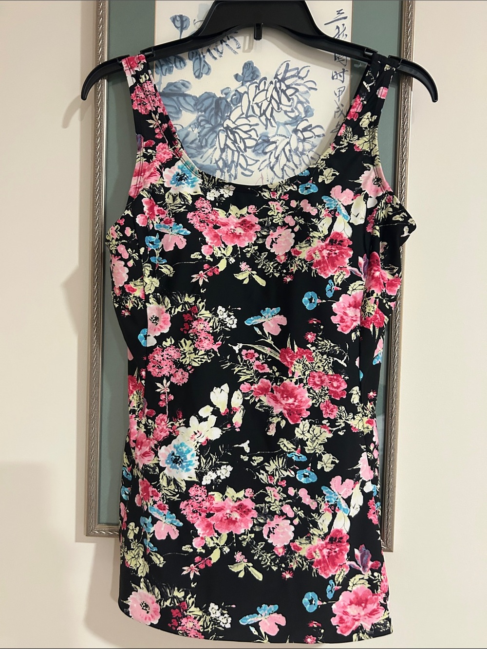 Black Floral Scoop Neck Swim Tank Top - Pink & Blue Blooms